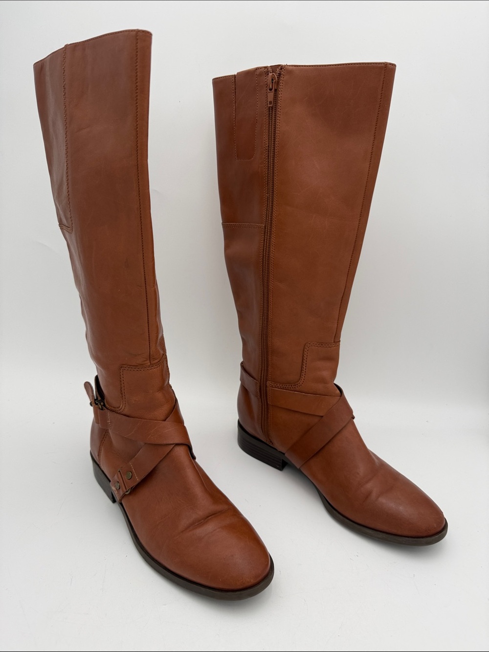 Vintage Nine West Cognac Leather tall Riding Boots 7.5M casual fall winter Y2K
